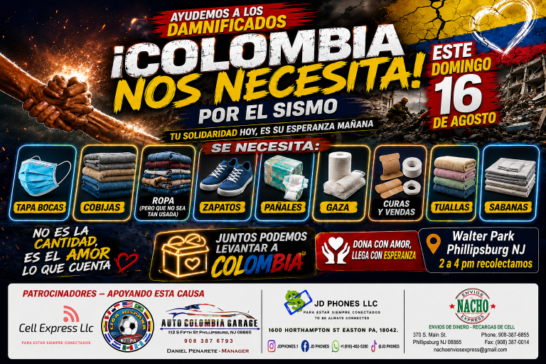 Colombia nos necesita: este domingo 16 de agosto se realizará una gran jornada de donación en Phillipsburg, NJ